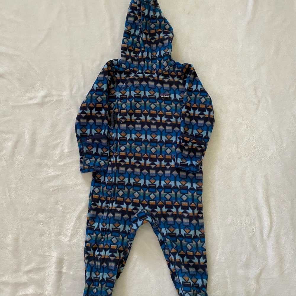 Patagonia Blue Geometric Fleece One-Piece Hooded Footie 12-18